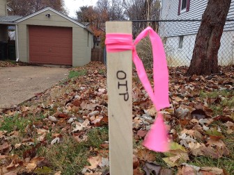 O.I.P. stands for Old Iron Pipe. Stakes like this are in yards on Laclede Station Road.