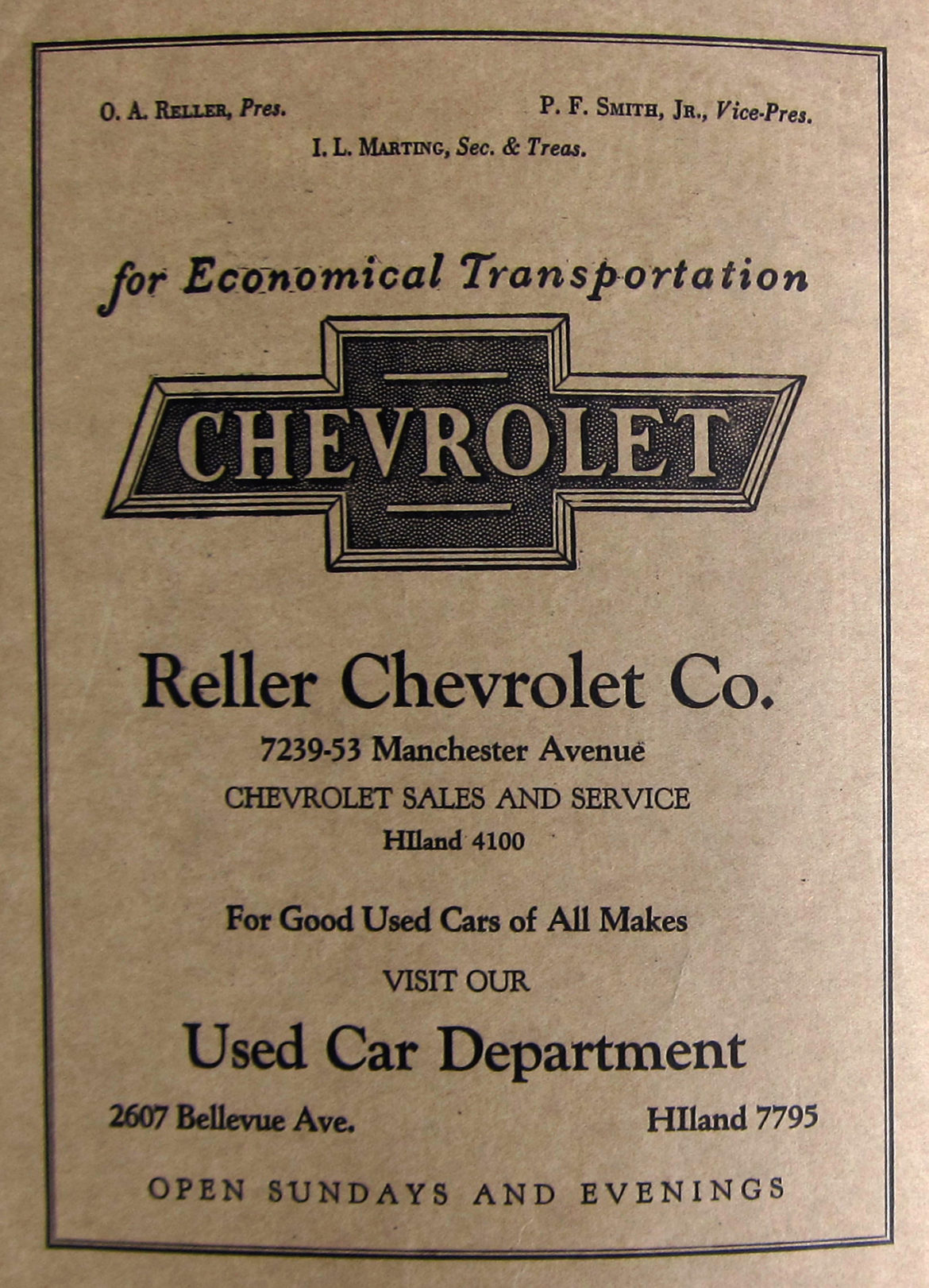 A Reller Chevrolet ad from the inside of the front cover of the 1930 Richmond Heights City Directory. Courtesy of Martin Fischer.