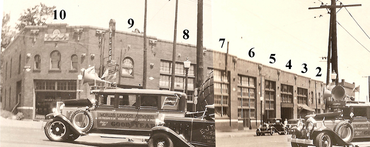 Combining the two vintage photos makes it easy to see how massive this building once was. Ten bays!