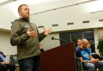 Cory King speaks to the Maplewood council about his Side Project Brewery.