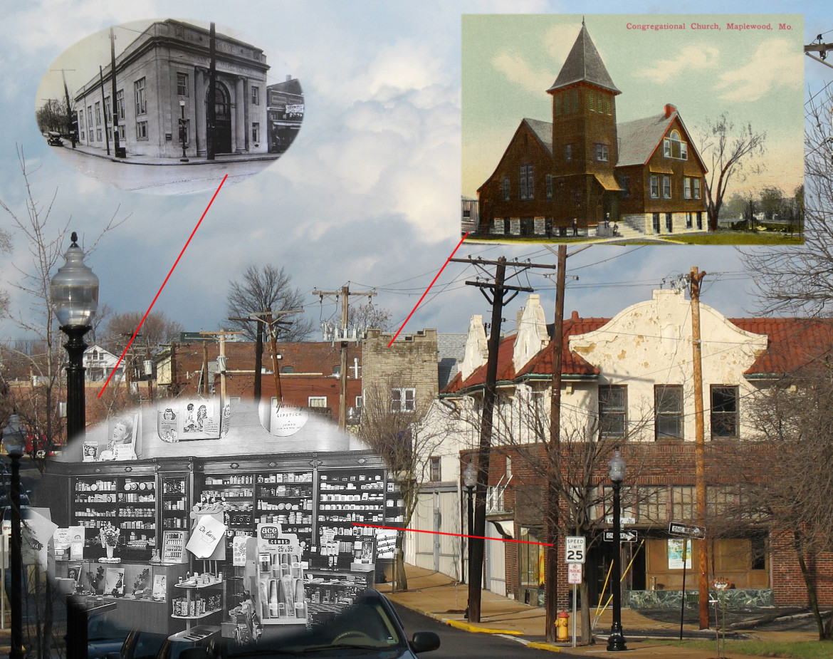 The same scene showing important losses and changes to our historic inventory.  The Bank of Maplewood was lost in the 1970's.  The shingle style Maplewood  Congregational Church lost its shingles and steeple at some time in the past.  for the first time in 88 years the cabinets of the Harper's Pharmacy are no longer in their original positions.