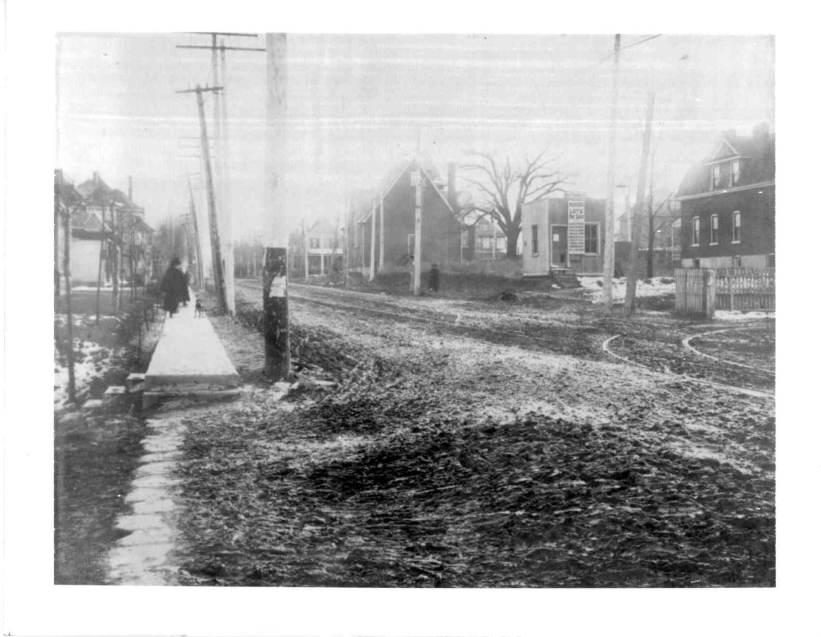 Sutton at Maple looking south.  the church has since been replaced by the current brick structure.
