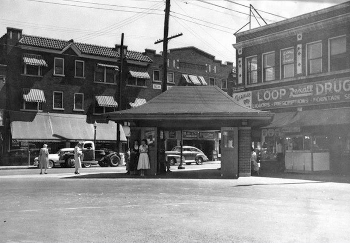 Did you realize our Sutton Loop pavilion once had a twin? Here it is in the Yale Loop at Yale and Manchester. That is the Maplewood Theater building directly behind it. the car seen by looking through it is either a 48-9 Chevy or a possibly a Pontiac of the same years. The careful observer will note that there are no streetcar tracks in this photo. So we can't be absolutely certain yet that the shelter is streetcar era. I'm fairly certain the streetcar stopped running in 1949. If anyone can verify that please do. Also note that the shelter doesn't look brand new. Finally note that it has doors. Ours on Sutton probably did too.