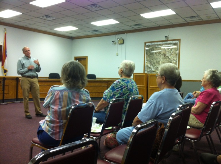 Brentwood Mayor Pat Kelly talks at his monthly coffee, on May 30. 