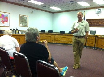 Brentwood mayor, Pat Kelly talks with residents before his coffee meeting Friday.
