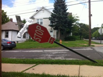 The stop sign at Sutton and Lohmeyer was bent over by a semitrailer Tuesday.