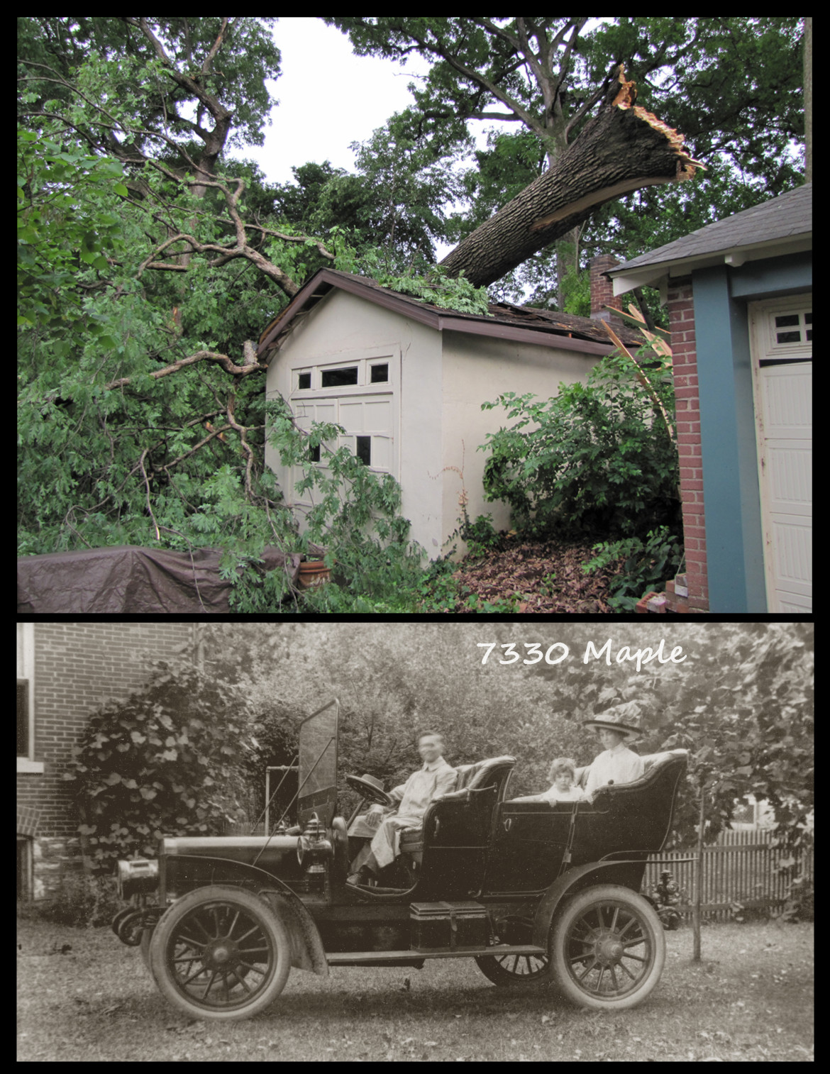 Lost to a severe storm in May 2011, this obviously sturdy garage was a feature on our historic walking tour of Maplewood.  Note the chimney which was needed to warm the family's balky-in-cold-weather auto seen below, a Winton Flyer. 