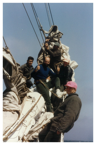 Author is man in middle with thumbs up, aboard Ukrainian Tall Ship “Tovarisch”, sailing from Boston to Liverpool in 1992.