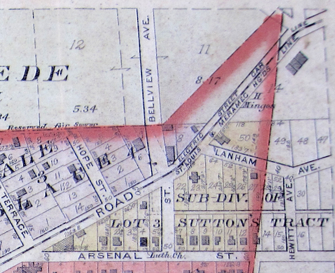 This excerpt from the 1901 Plat Book of St. Louis county show the intersection of Manchester and Belleview.  It is not clear exactly where the Fats and Leans were playing as indicated by the 1915 ticket above.