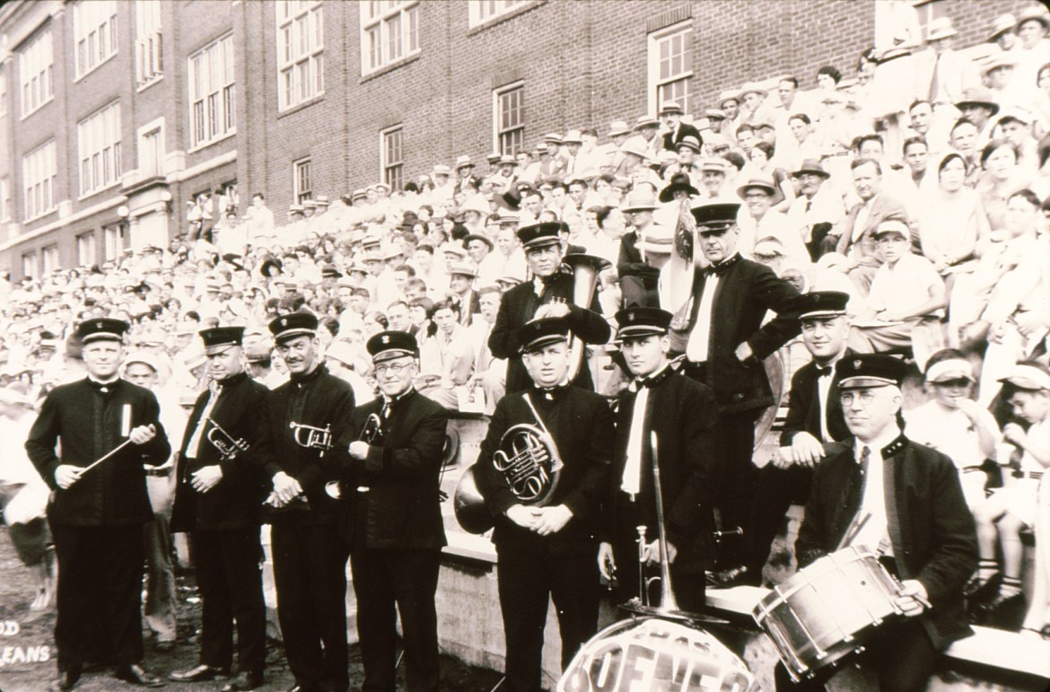 The band for an early game held at the high school.  The first one that is which became the junior high when the present high school building was built.  Now demolished the site is currently known as Ryan Hummert Park.