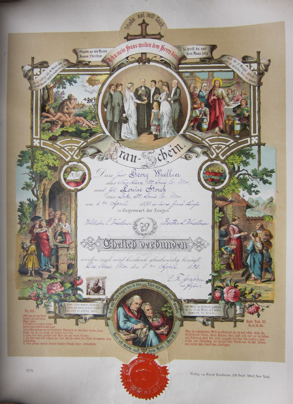 The marriage certificate of Matt's great-great grandparents, Georg Wuellner and Louise Storch.