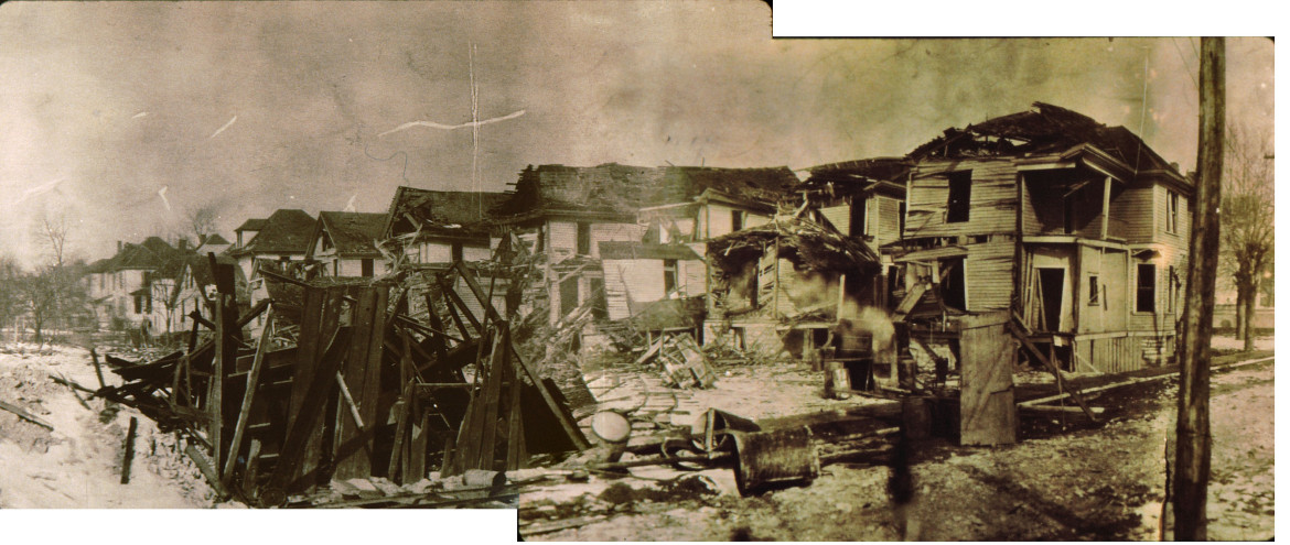 I combined two photos to create this panoramic one. I speculate that the remains of the shed that used to have dynamite in it are in the foreground. Images courtesy of Maplewood Public Library.