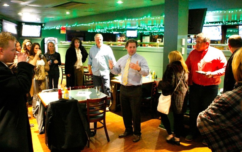 Brentwood candidate for mayor Patrick Toohey spoke with residents Monday at OB Clark's.