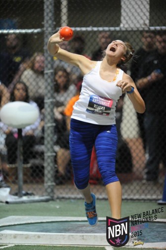 Sophia Rivera throwing the shot at the New Balance Nationals. via Milesplit.com