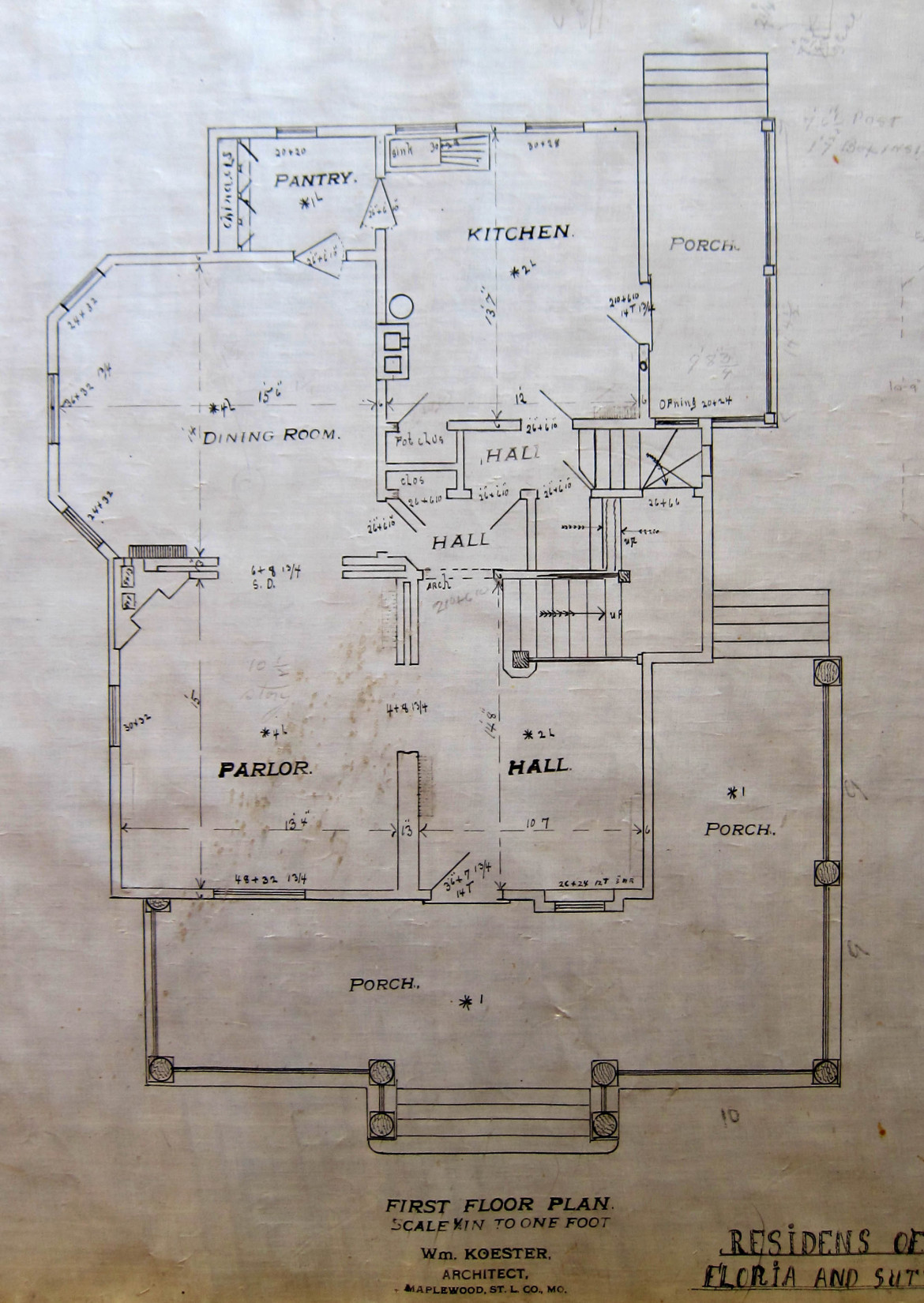 The first floor plan of Koester's home at 7395 Flora.  From the collection of Jim and Beth Abeln.