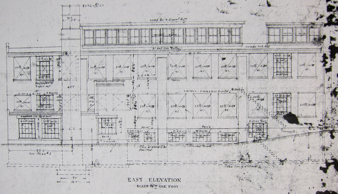 The plan for the east elevation of the Maplewood Mill, the side most often seen. Courtesy of Matt Williams.