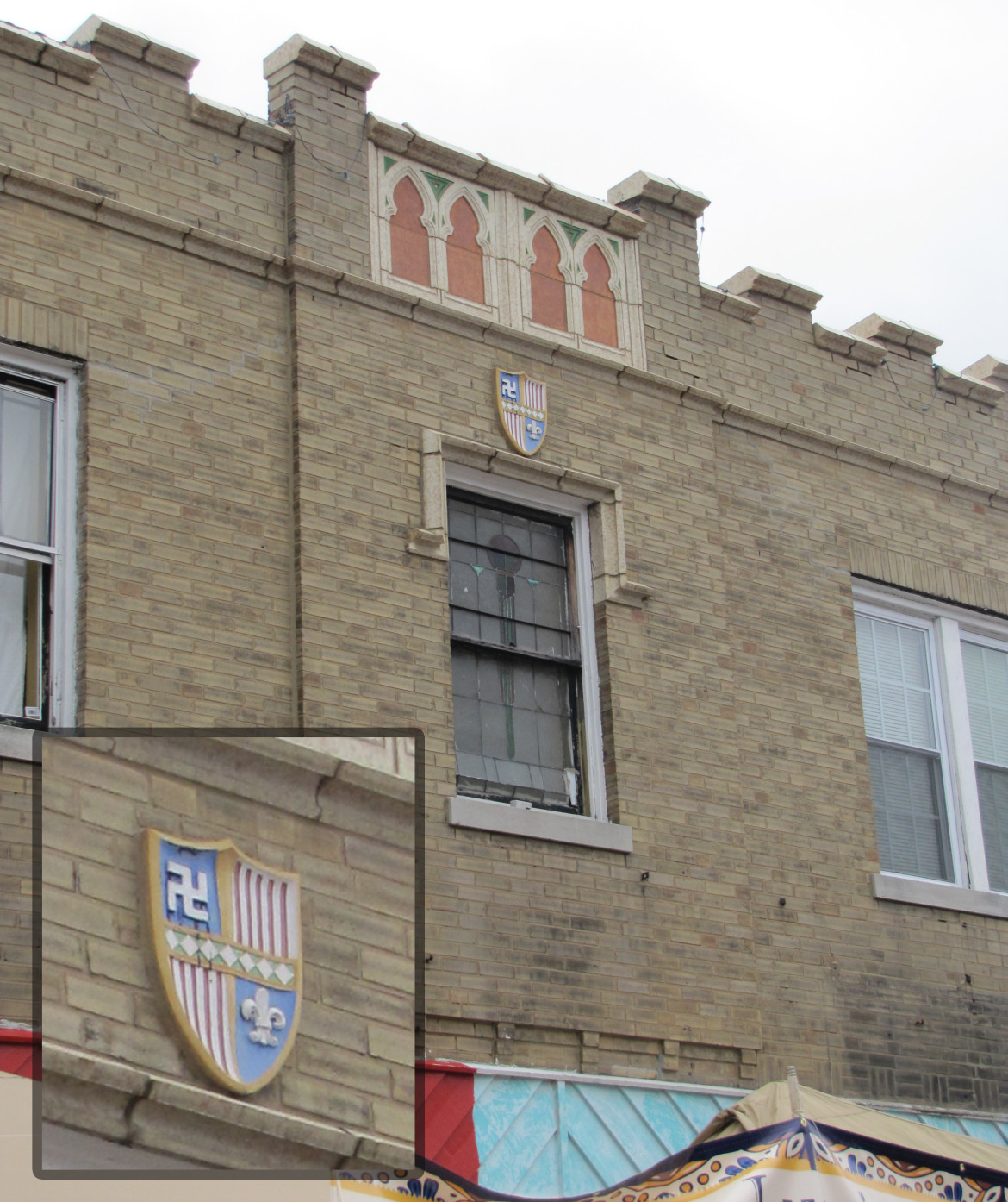 While not in Maplewood, this building on Cherokee in St. Louis has a terra cotta shield that contains a svastika. Notice that it is flipped in the oposite direction of the others. Photo by the author.