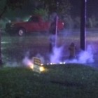 Via Fox2 twitter: A viewer in Maplewood, ” Our building was struck by lightning. Arcing power lines. Golfball size hail.”