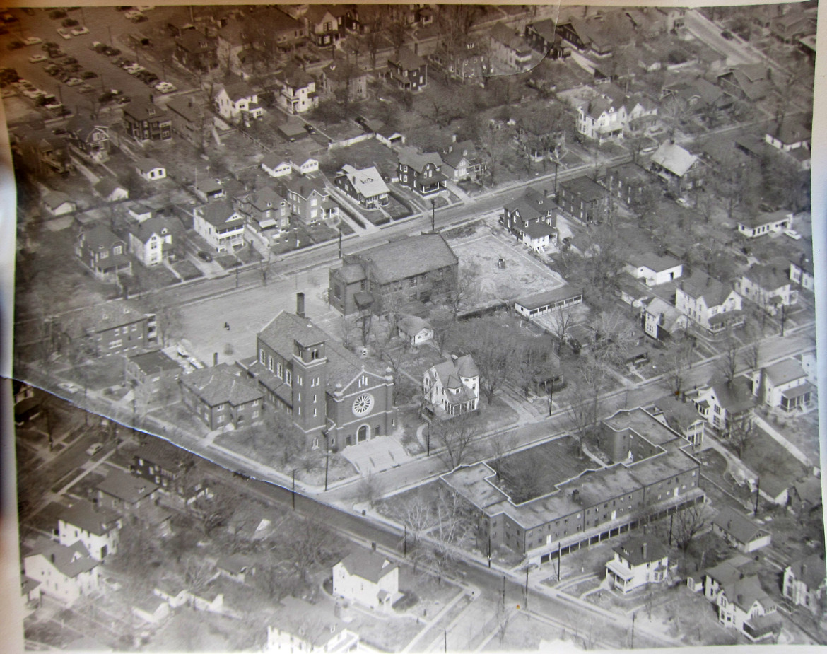 An aerial view of  the Maplewood church of the Immaculate Conception.  Taken by Syl with a Graflex Camera from their Funk aircraft.