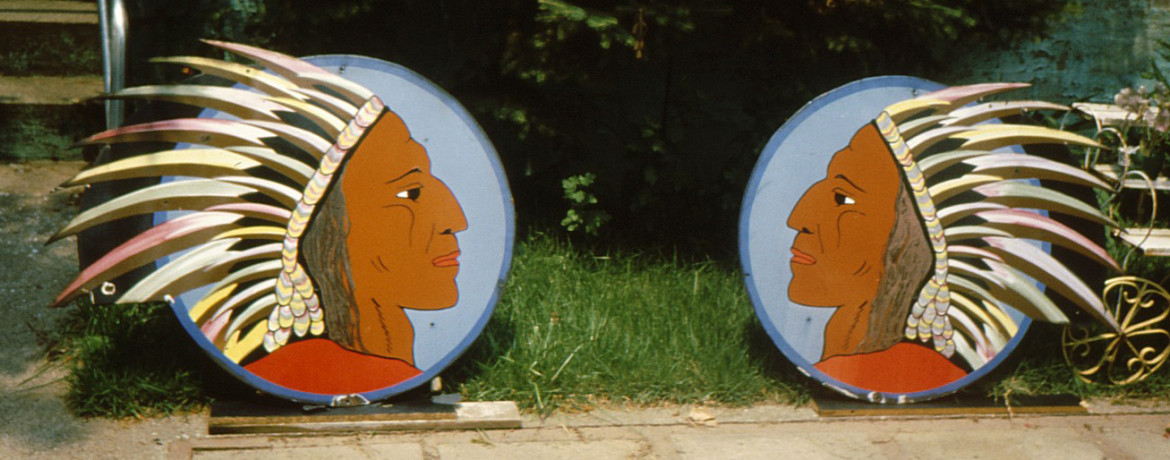 Indian head signs from the Powhatan Theater.  The location of these signs is unknown.  Courtesy of the Maplewood Public Library.