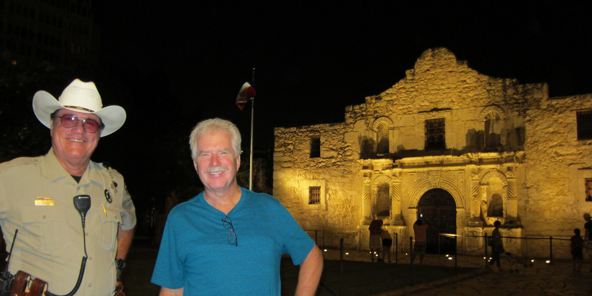 My brother Brian with the Texas alamo Ranger, Steve whose last name I neglected to get.  Steve was so knowledgeable and friendly that we went back the following night to talk with him some more.  He told us of the plans to greatly improve the Alamo site by removing all of the pavement and possibly even the memorial cenotaph in front of the Alamo, performing the necessary archaeology and even reconstructing some of the buildings that once existed on the site including the small building where Jim Bowie is thought to have died. 