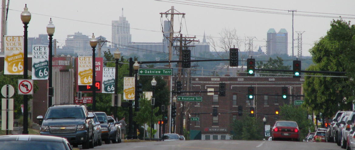 This image I took with a telephoto lens in 2010 standing just west of the Tiffany Diner. the Maplewood Theater building is just past the large brick building in the center. I thought this image interesting because I had never noticed how much of a grade change existed in our business district.