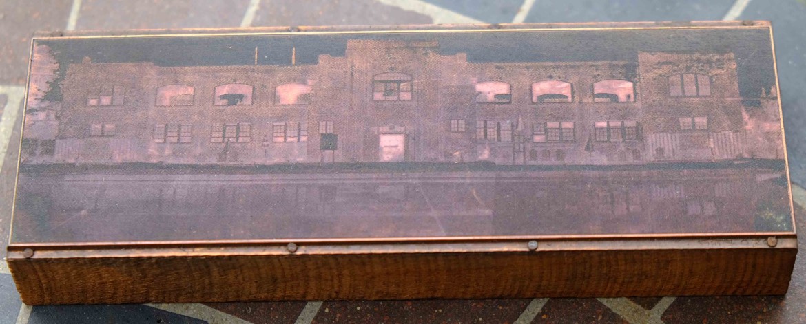 A very intersting printer's block that has the image of the Maplewood Pool Building now our library.