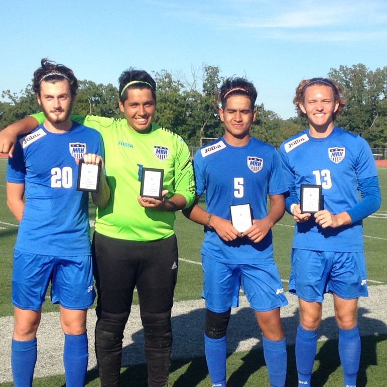 The four MRH players who earned All Tournament honors after four games at the Hillsboro Tournament that ended in MRH victory over Hillsboro tournament on Sept 19, 2-0. Zach Barton scored both goals. Players shown are; Jonah Findley, center back; Marlon Ramirez, goalie; Jose Verdia; right back and Gabriel Jackson, sweeper