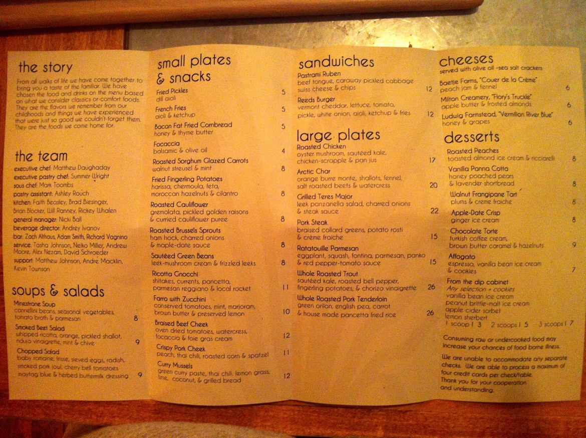 Reeds American Table menu