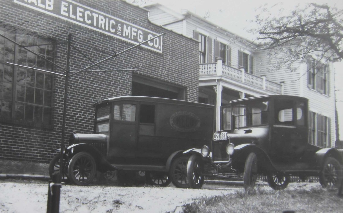 Another early shot showing a couple of the company vehicles. that they were manufacturers of electrical items is very interesting. I'll have more on that later. The house in the rear is still there today. it is a very early house that was moved to this location from its former spot about where the Maplewood bicycle shop is now located.
