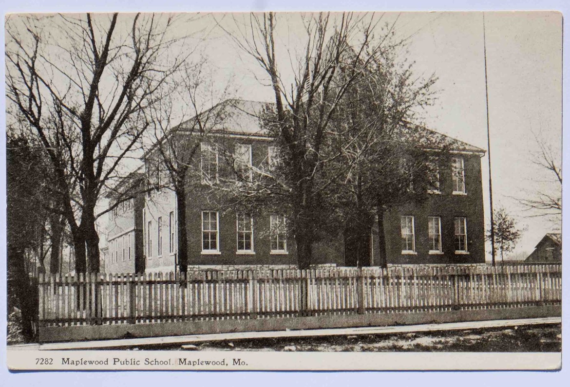 The Maplewood School once located directly across from the present Maplewood City Hall on Manchester. The number is a stock number. The original is a gift of the Ratkowski-Houser Foundation to the Maplewood Public Library.