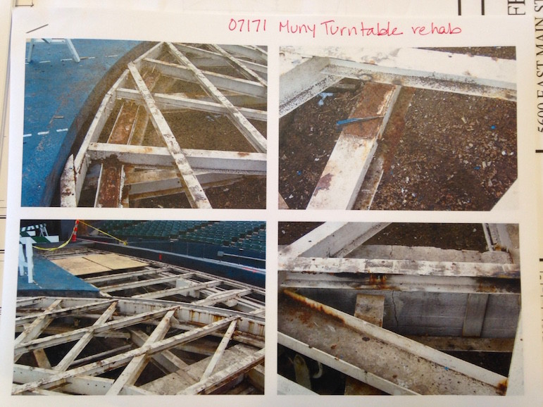 Photos of the MUNY turntable — areas that need repair — from the Cowell's notebook. 