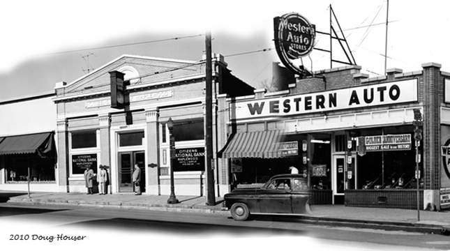 On the NW corner of Oakland Terrace and Manchester, the original Citizen's Bank building had a fabulous clock. The Western Auto sign is also terrific. Courtesy of the Maplewood Public Library.