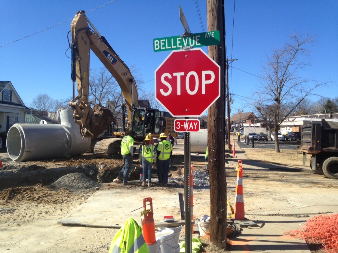 Contractor lay MSD pipe at the corner of Southwest and Bellevue avenues.
