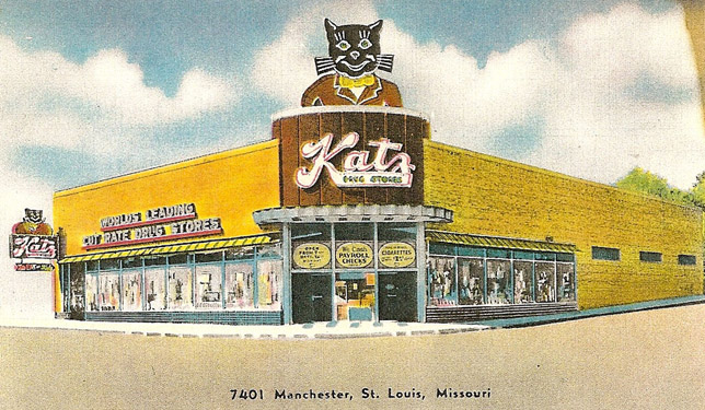 Katz Drugstore. What a sign! The building still survives at the NW corner of Sutton and Manchester. It also has a plaque in the sidewalk but the plaque is located on the south side of Manchester. Who wouldn't like to have this sign back? Courtesy of Andrew Rochman.