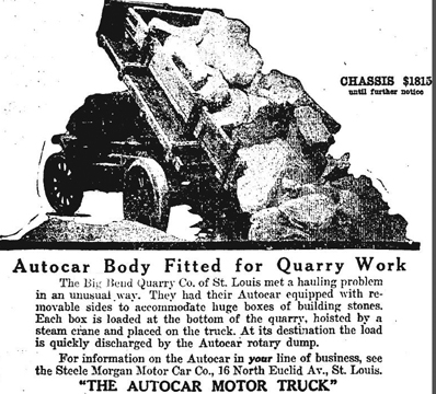 So how did the stone get from the quarry to the building site. Here is one way. Same way it does now - trucks. This advertisement is from the Post-dispatch archives, August the 29, 1917. Sometime earlier the stone would have been transported with hoses or mules and wagons.