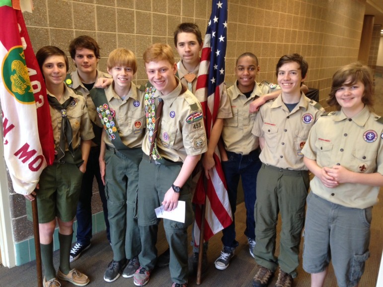 Michael Langston (center) with friends in Troop .. before his Eagle Scout Court of Honor.