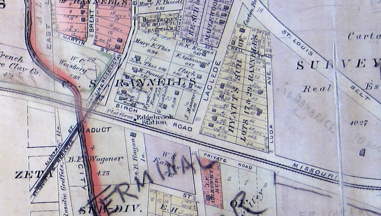 A section of map from the oh so useful 1909 St. Louis County Plat book. The location of the building belonging to the big Bend Quarry can be seen at the lower right. With the exception of a small section of Bartold and Pacific nearly all of the streets and buildings shown no longer exist.