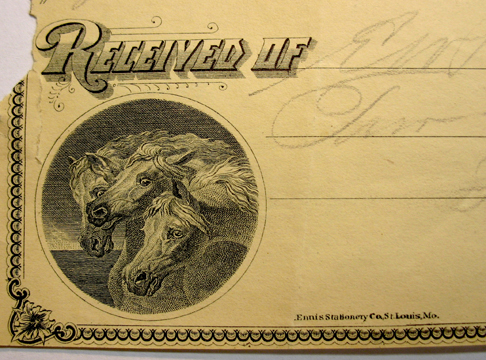 These wild horses are on a receipt of Ned's from his personal papers. these papers can now be viewed by interested parties at the St. Louis Center of the Missouri State Historical Society on the campus at UMSL adjacent to the Mercantile Library. They can be found there due to the generosity of the Rannells family.