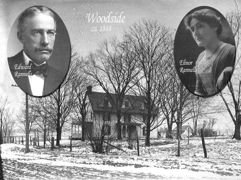 this is a composite photo I made for some long forgotten reason. the photo of Woodside is thought to have been taken in 1904. I included the photos of Judge Edward (Ned) Rannells and his wife Elinor Cartmell Rannells because they were living there at the time. whjere are the horses? I'm guessing they would probably be in that barn that can be seen in the distance. these photos are all courtesy of the Rannells family.