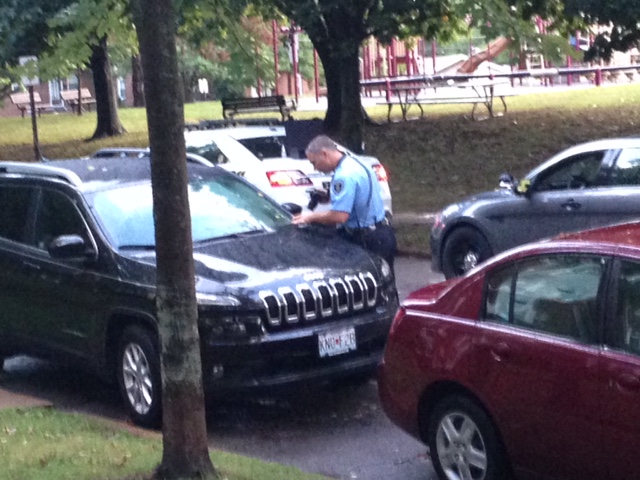 A Maplewood police officer inspects a vehicle in the 2400 block of Sutton Avenue.