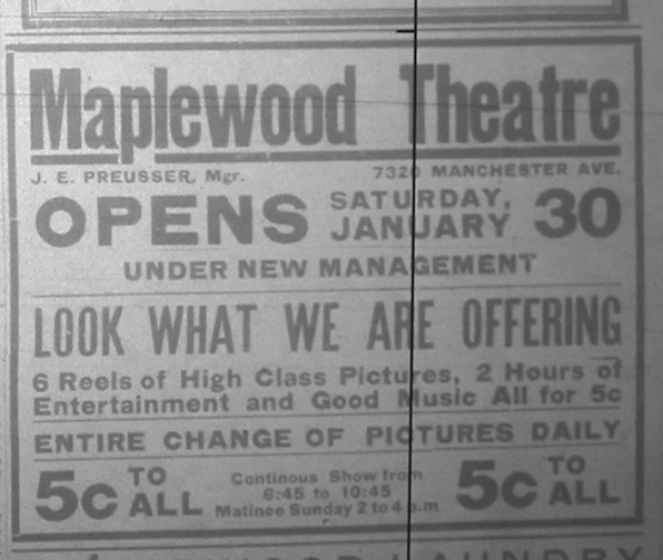 Advertisement announcing the reopening after a stint as the Maplewood Lyric Theater. From the 1915 News-Champion.