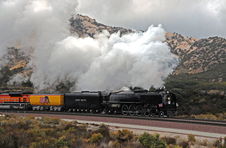 Union Pacific 844 traveling through Cajon Pass in November 2011.