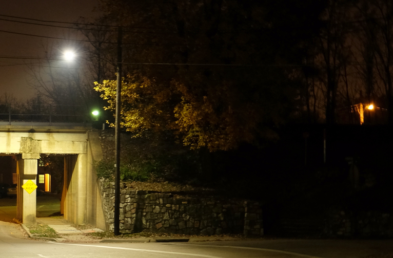 The intersection of Maple and Arbor with the stairs that once led to the long vanished the Maplewood Depot on the right.